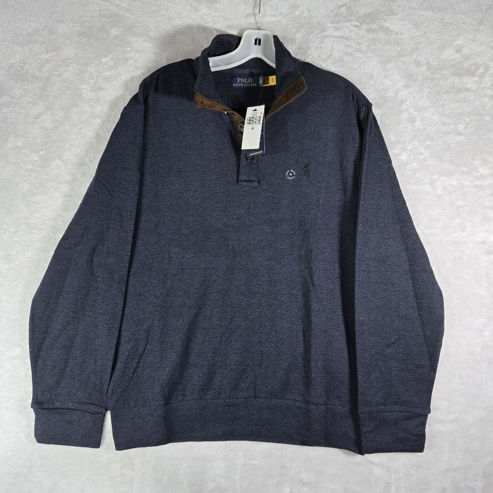 Polo Ralph Lauren Quarter Button Up Herringbone Pullover Mens M Medium Blue NWT